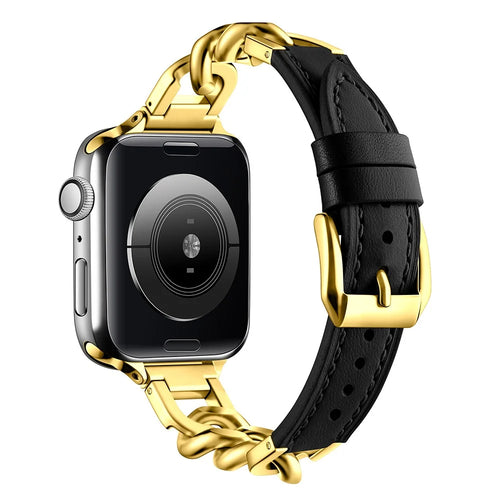 Watch Band For Apple Watch Ultra 3 2 1 49mm / Series 11 10 46mm / 9 8 7 45mm / SE3 SE2 SE 6 5 4 44mm / 3 2 1 42mm Genuine Cow Leather Strap - Black + Gold - 1