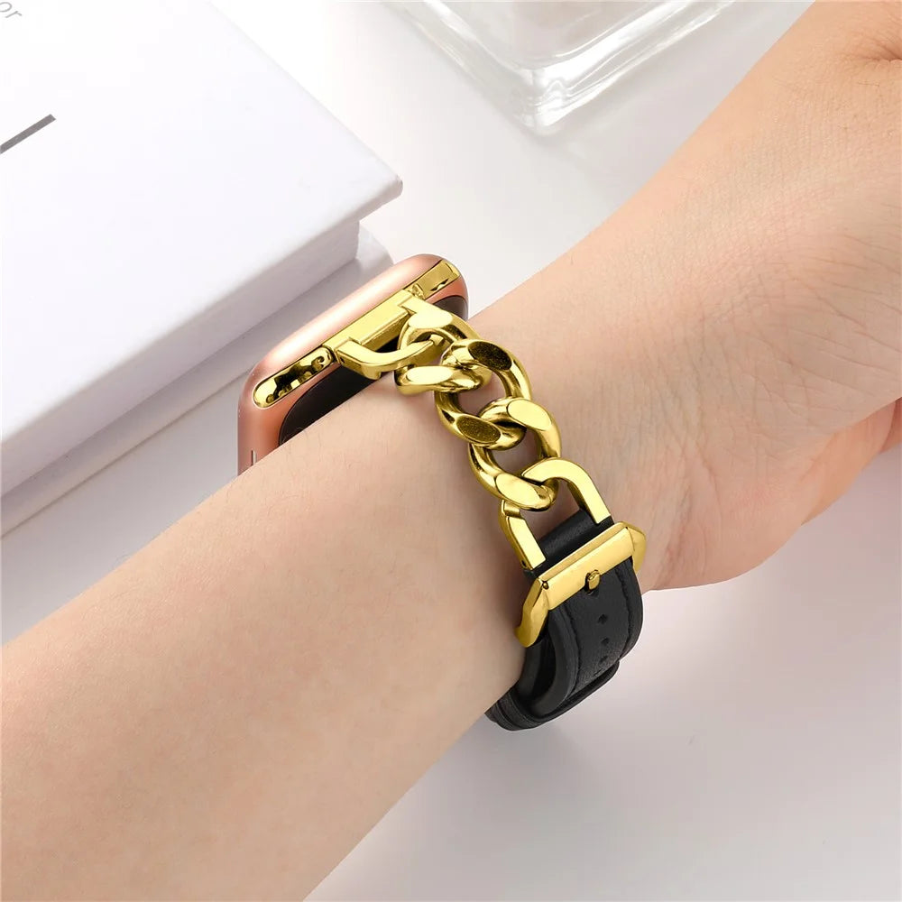 Watch Band For Apple Watch Ultra 3 2 1 49mm / Series 11 10 46mm / 9 8 7 45mm / SE3 SE2 SE 6 5 4 44mm / 3 2 1 42mm Genuine Cow Leather Strap - Black + Gold - 2