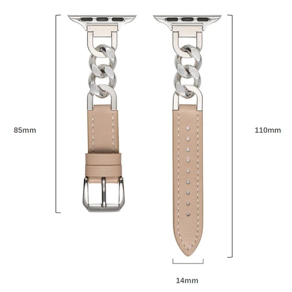 Watch Band For Apple Watch Ultra 3 2 1 49mm / Series 11 10 46mm / 9 8 7 45mm / SE3 SE2 SE 6 5 4 44mm / 3 2 1 42mm Genuine Cow Leather Strap - Black + Gold - 3