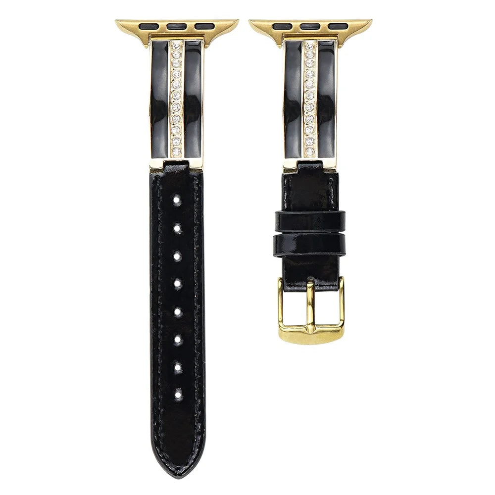 Watch Band For Apple Watch Ultra 3 2 1 49mm / Series 11 10 46mm / 9 8 7 45mm / SE3 SE2 SE 6 5 4 44mm / 3 2 1 42mm Curved Zinc Alloy Leather Strap - Black + Gold Buckle - 1