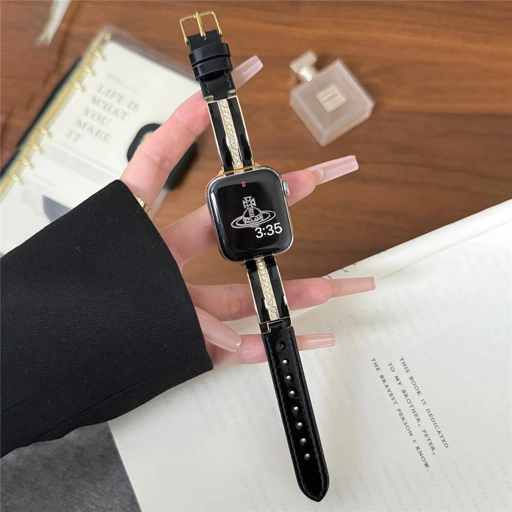 Watch Band For Apple Watch Ultra 3 2 1 49mm / Series 11 10 46mm / 9 8 7 45mm / SE3 SE2 SE 6 5 4 44mm / 3 2 1 42mm Curved Zinc Alloy Leather Strap - Black + Gold Buckle - 3