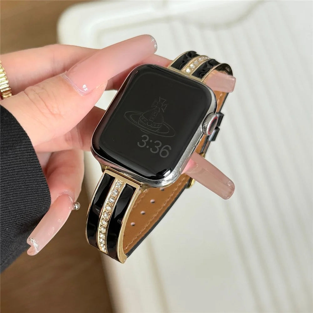 Watch Band For Apple Watch Ultra 3 2 1 49mm / Series 11 10 46mm / 9 8 7 45mm / SE3 SE2 SE 6 5 4 44mm / 3 2 1 42mm Curved Zinc Alloy Leather Strap - Black + Gold Buckle - 5
