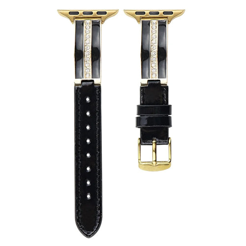 Watch Band For Apple Watch Series 11 10 42mm / 9 8 7 41mm / SE3 SE2 SE 6 5 4 40mm / 3 2 1 38mm Curved Zinc Alloy Leather Strap - Black + Gold Buckle - 1
