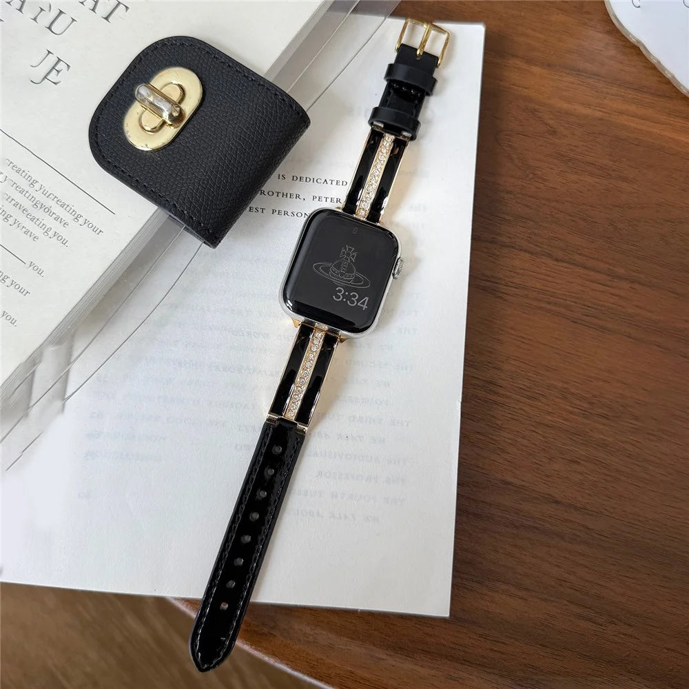 Watch Band For Apple Watch Series 11 10 42mm / 9 8 7 41mm / SE3 SE2 SE 6 5 4 40mm / 3 2 1 38mm Curved Zinc Alloy Leather Strap - Black + Gold Buckle - 2