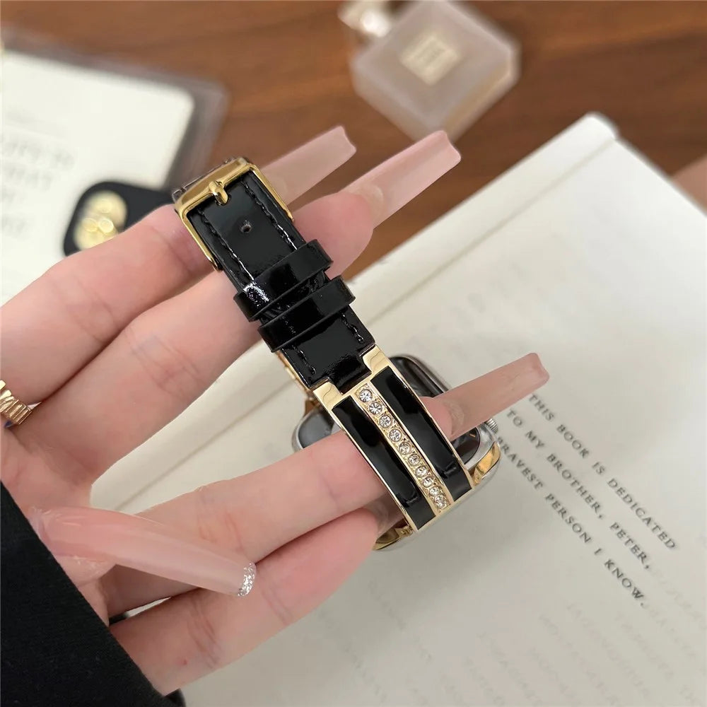 Watch Band For Apple Watch Series 11 10 42mm / 9 8 7 41mm / SE3 SE2 SE 6 5 4 40mm / 3 2 1 38mm Curved Zinc Alloy Leather Strap - Black + Gold Buckle - 4