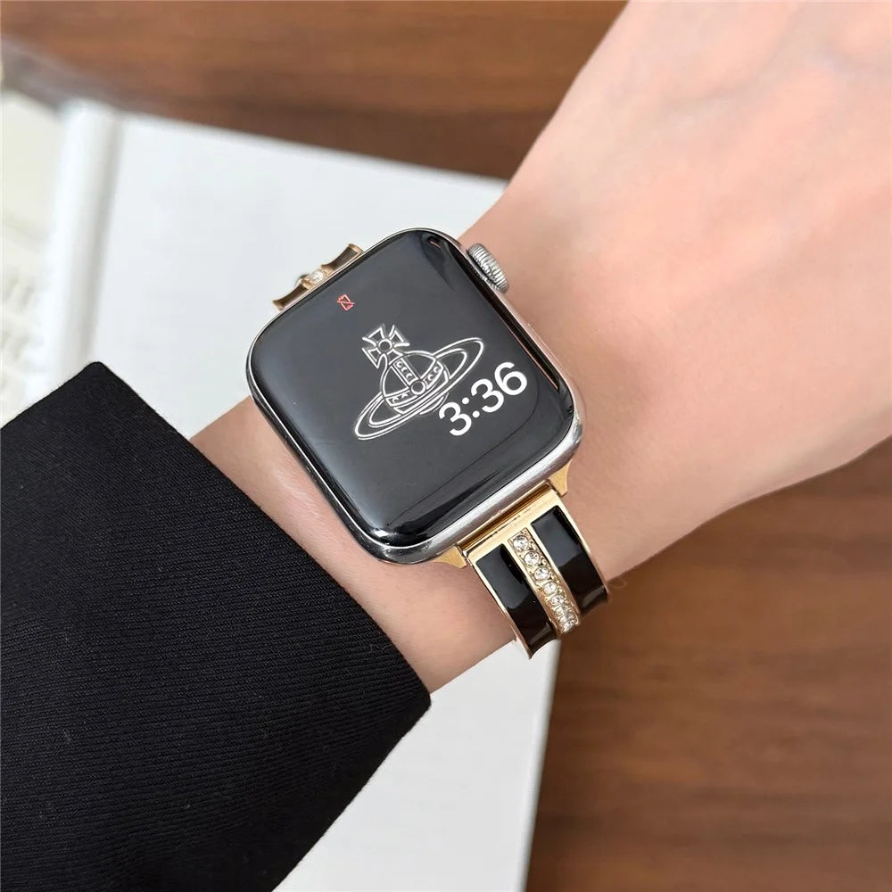 Watch Band For Apple Watch Series 11 10 42mm / 9 8 7 41mm / SE3 SE2 SE 6 5 4 40mm / 3 2 1 38mm Curved Zinc Alloy Leather Strap - Black + Gold Buckle - 6