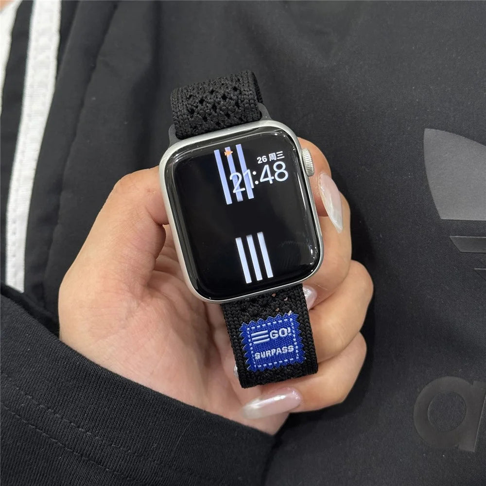 Watch Band For Apple Watch Series 11 10 42mm / 9 8 7 41mm / SE3 SE2 SE 6 5 4 40mm / 3 2 1 38mm Nylon Sport Breathable Strap - Black - 5