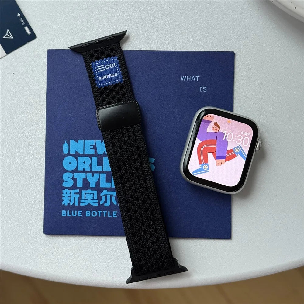 Watch Band For Apple Watch Ultra 3 2 1 49mm / Series 11 10 46mm / 9 8 7 45mm / SE3 SE2 SE 6 5 4 44mm / 3 2 1 42mm Nylon Sport Breathable Strap - Black - 6