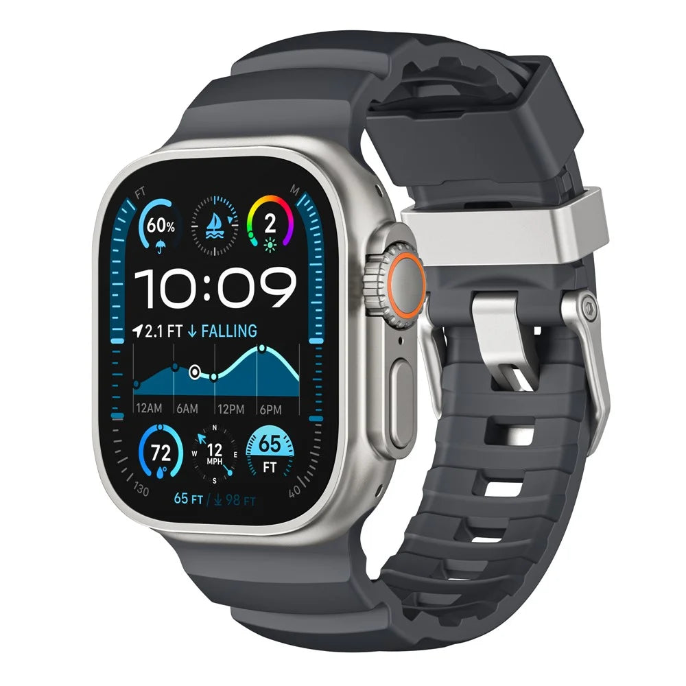 Fluorubber Band For Apple Watch Ultra 3 2 1 49mm / Series 11 10 46mm / 9 8 7 45mm / SE3 SE2 SE 6 5 4 44mm / 3 2 1 42mm Watch Straps - Black  /   Silver Buckle - 2