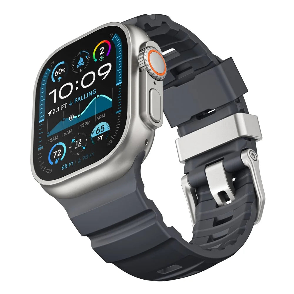 Fluorubber Band For Apple Watch Ultra 3 2 1 49mm / Series 11 10 46mm / 9 8 7 45mm / SE3 SE2 SE 6 5 4 44mm / 3 2 1 42mm Watch Straps - Black  /   Silver Buckle - 3