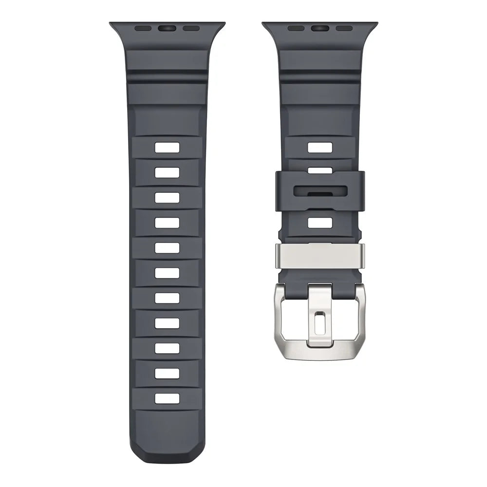 Fluorubber Band For Apple Watch Ultra 3 2 1 49mm / Series 11 10 46mm / 9 8 7 45mm / SE3 SE2 SE 6 5 4 44mm / 3 2 1 42mm Watch Straps - Black  /   Silver Buckle - 4