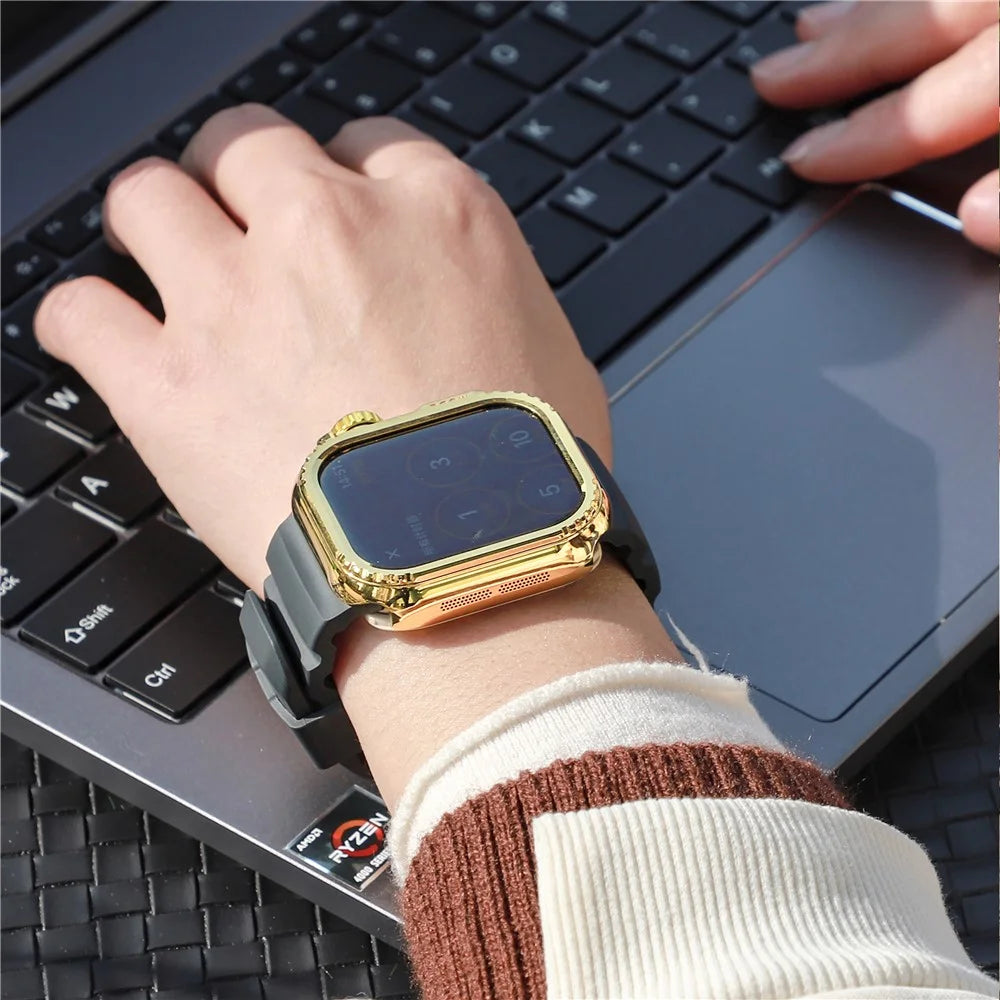 Fluorubber Band For Apple Watch Ultra 3 2 1 49mm / Series 11 10 46mm / 9 8 7 45mm / SE3 SE2 SE 6 5 4 44mm / 3 2 1 42mm Watch Straps - Black  /   Silver Buckle - 7