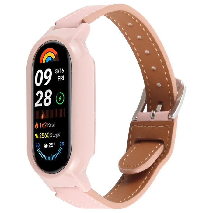 For Xiaomi Smart Band 9 PC Watch Case Integrated Ultra Fiber Leather Quick Release Watch Strap - Pink - 1