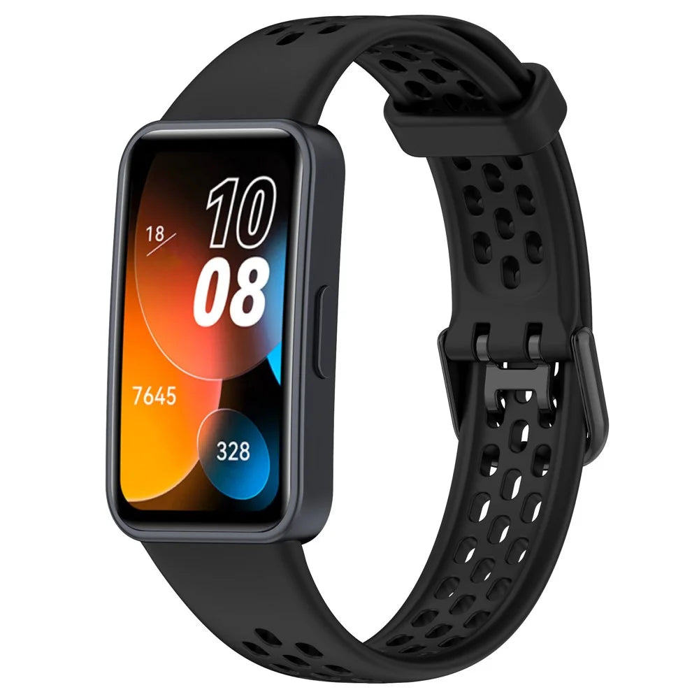 Silicone Watch Band For Huawei Band 10 NFC  /  10  /  9 NFC  /  9  /  8 NFC  /  8 Perforated Breathable Wristband Replacement Strap - Black - 2