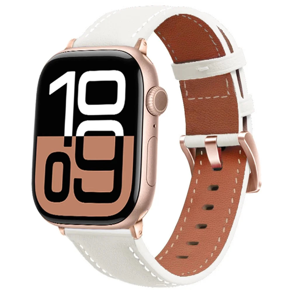 Watch Strap For Apple Watch Series 11 10 42mm / 9 8 7 41mm / SE3 SE2 SE 6 5 4 40mm / 3 2 1 38mm Rose Gold Buckle Genuine Cow Leather Band - White - 2