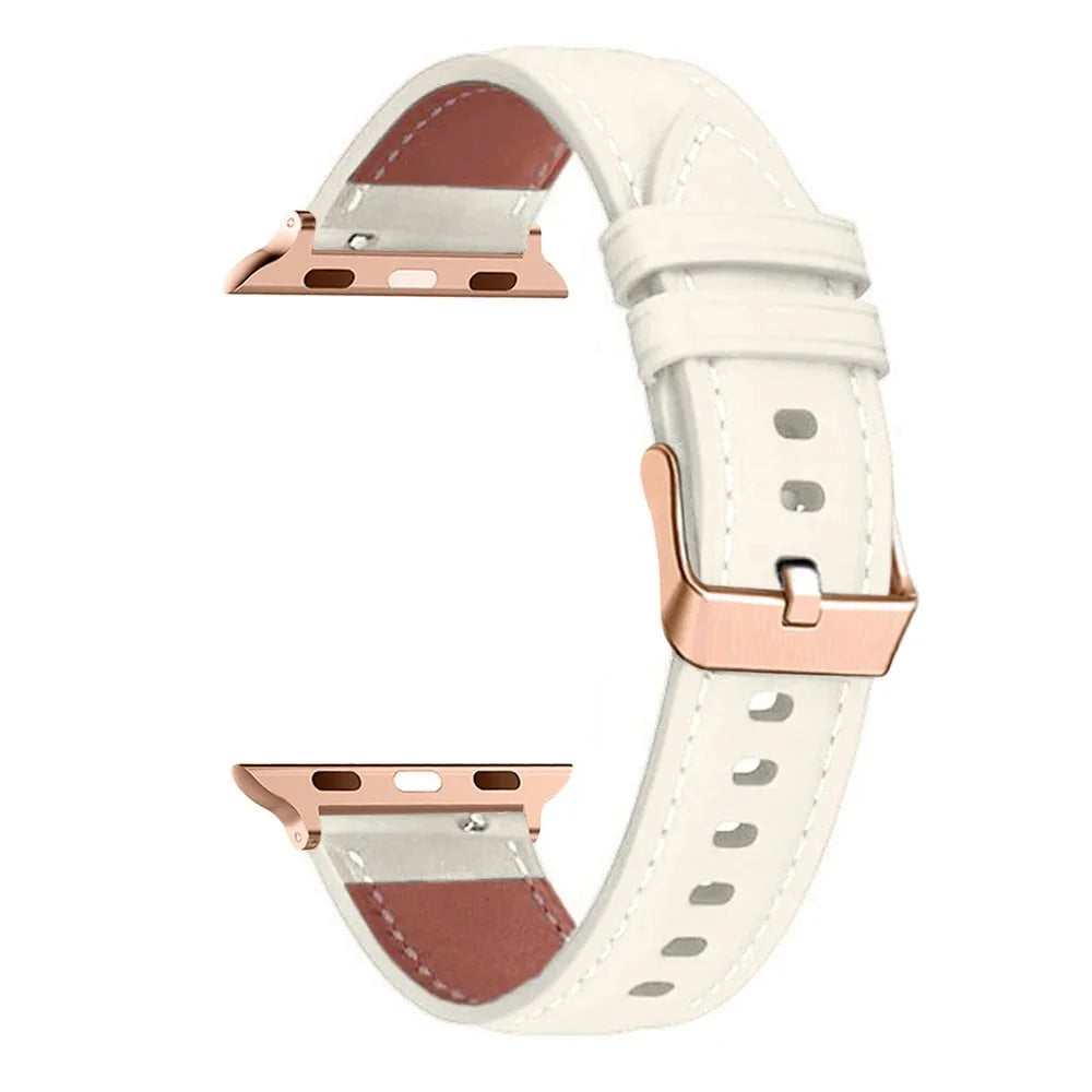 Watch Strap For Apple Watch Ultra 3 2 1 49mm / Series 11 10 46mm / 9 8 7 45mm / SE3 SE2 SE 6 5 4 44mm / 3 2 1 42mm Rose Gold Buckle Genuine Cow Leather Band - White - 1