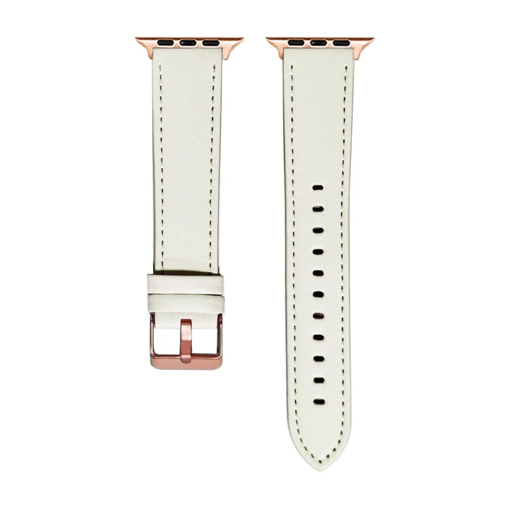 Watch Strap For Apple Watch Ultra 3 2 1 49mm / Series 11 10 46mm / 9 8 7 45mm / SE3 SE2 SE 6 5 4 44mm / 3 2 1 42mm Rose Gold Buckle Genuine Cow Leather Band - White - 3