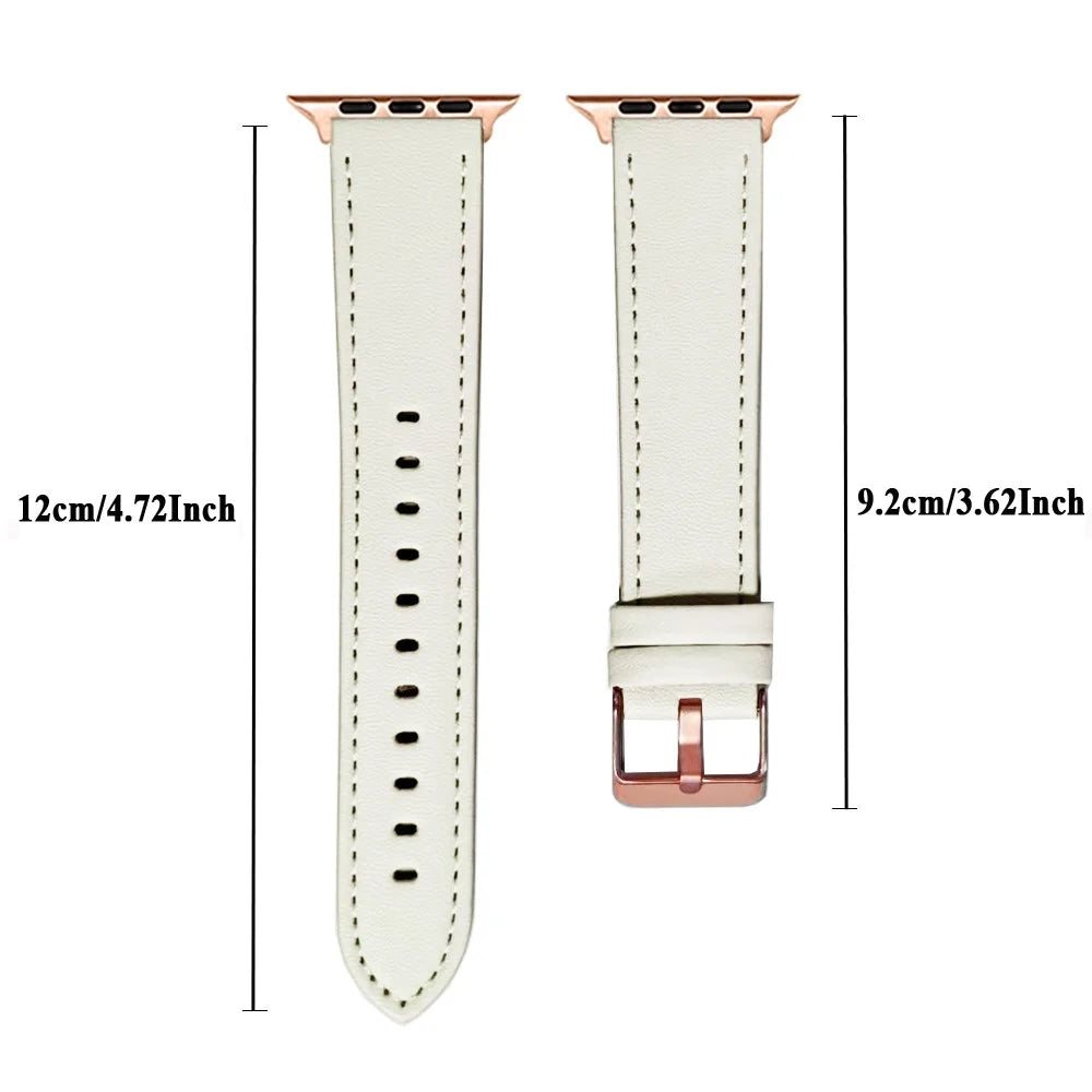 Watch Strap For Apple Watch Ultra 3 2 1 49mm / Series 11 10 46mm / 9 8 7 45mm / SE3 SE2 SE 6 5 4 44mm / 3 2 1 42mm Rose Gold Buckle Genuine Cow Leather Band - White - 4