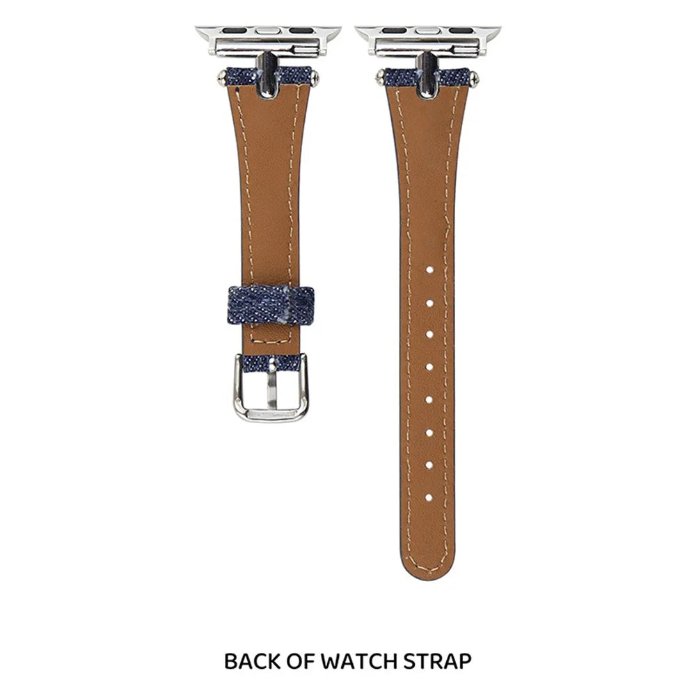 Watch Strap for Apple Watch Ultra 3 2 1 49mm / Series 11 10 46mm / 9 8 7 45mm / SE3 SE2 SE 6 5 4 44mm / 3 2 1 42mm Denim + Leather Adjustable Band - Blue - 2