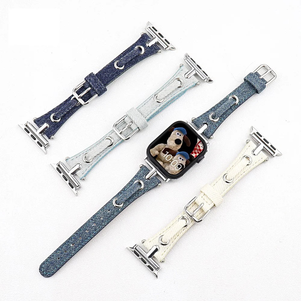 Watch Strap for Apple Watch Series 11 10 42mm / 9 8 7 41mm / SE3 SE2 SE 6 5 4 40mm / 3 2 1 38mm Denim + Leather Adjustable Band - Blue - 3