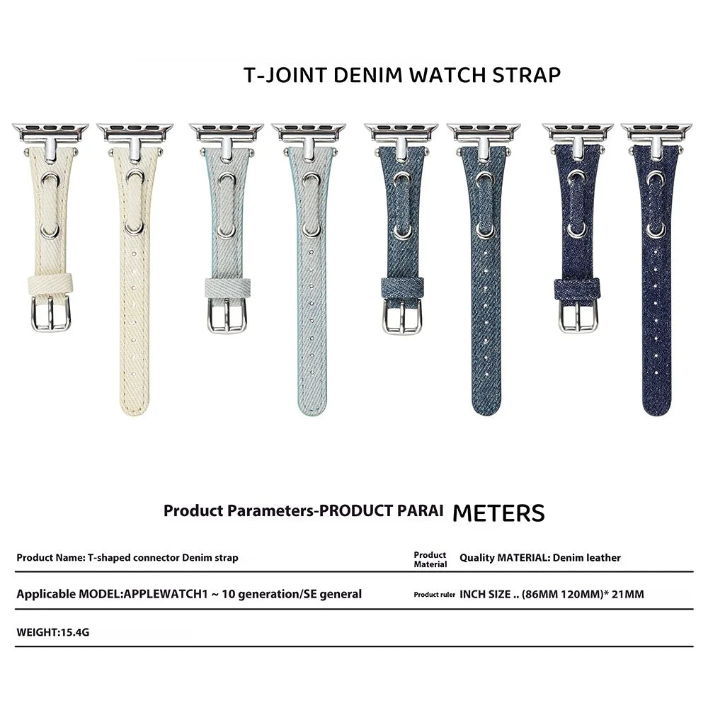 Watch Strap for Apple Watch Series 11 10 42mm / 9 8 7 41mm / SE3 SE2 SE 6 5 4 40mm / 3 2 1 38mm Denim + Leather Adjustable Band - Blue - 4