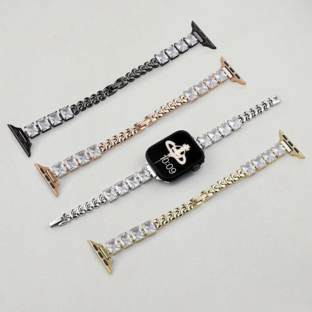 Copper Chain Strap for Apple Watch Series 11 10 42mm / 9 8 7 41mm / SE3 SE2 SE 6 5 4 40mm / 3 2 1 38mm Square Rhinestone Watch Band - Silver - 3