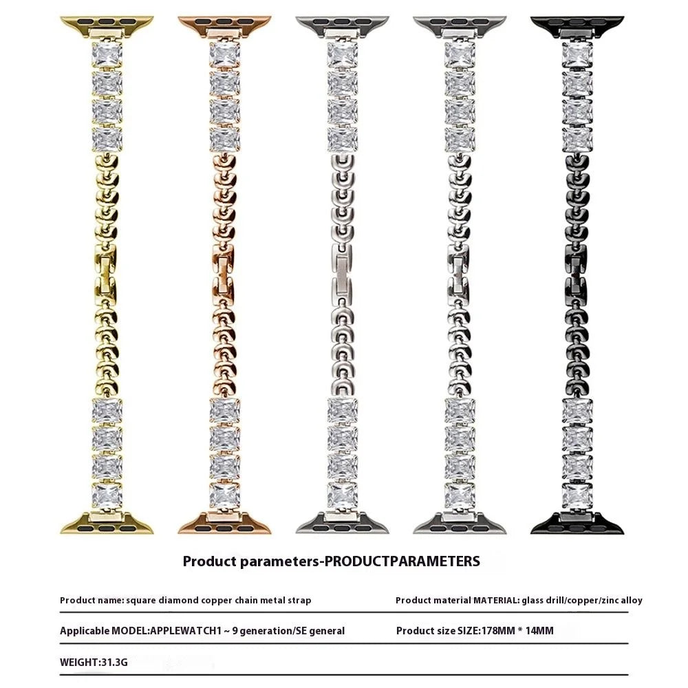 Copper Chain Strap for Apple Watch Series 11 10 42mm / 9 8 7 41mm / SE3 SE2 SE 6 5 4 40mm / 3 2 1 38mm Square Rhinestone Watch Band - Silver - 4