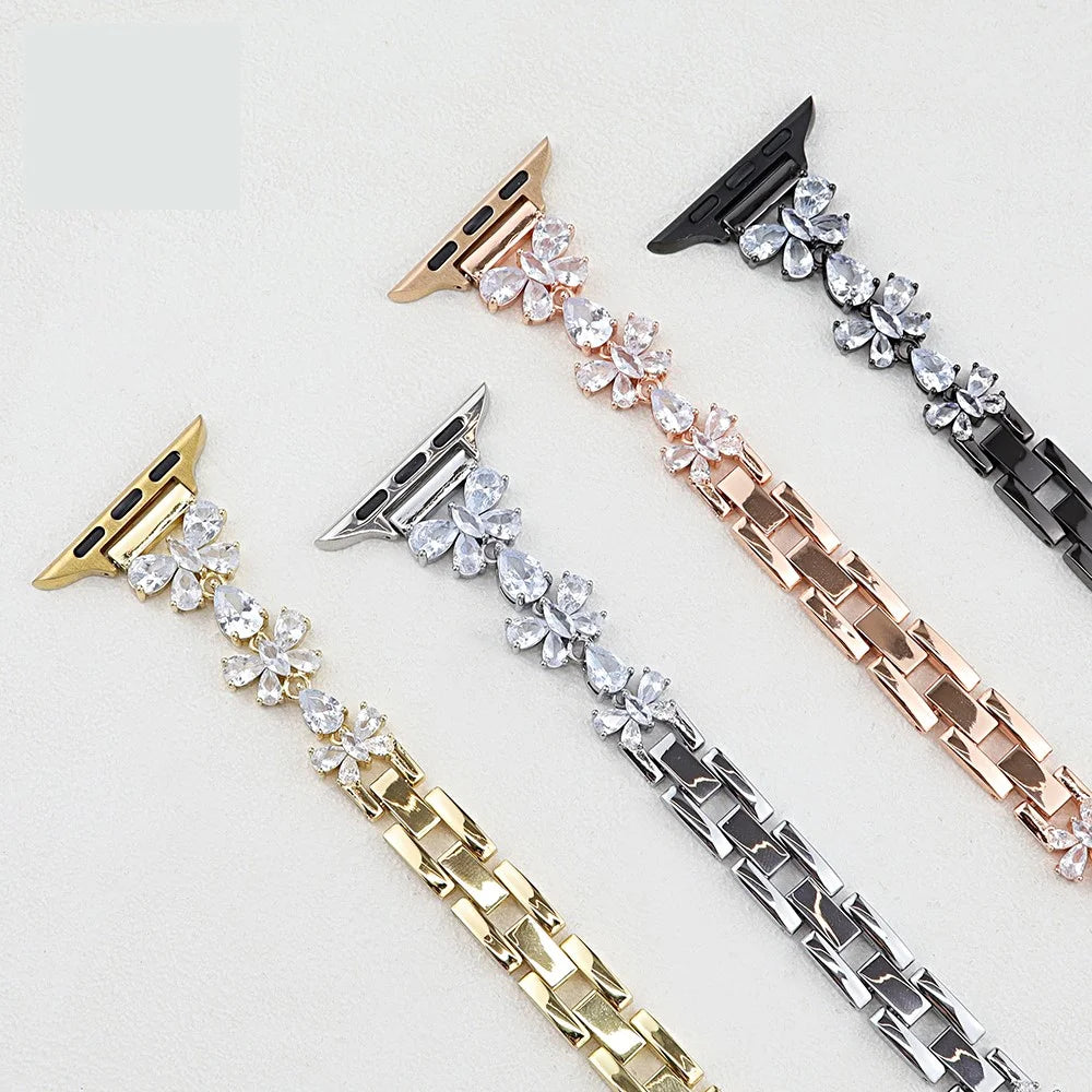 Copper Chain Strap for Apple Watch Ultra 3 2 1 49mm / Series 11 10 46mm / 9 8 7 45mm / SE3 SE2 SE 6 5 4 44mm / 3 2 1 42mm Butterfly Zircon Decor Watch Band - Gold - 3