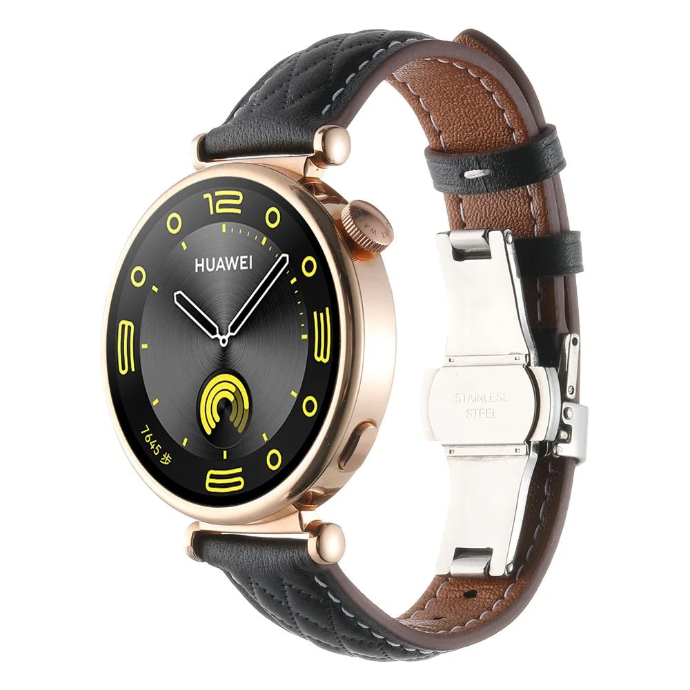 18mm Watch Band For Huawei Watch GT 5 Pro 42mm / GT 5 41mm / GT 4 41mm / Garmin Venu 3S , Genuine Cow Leather Diamond Pattern Strap - Black - 2