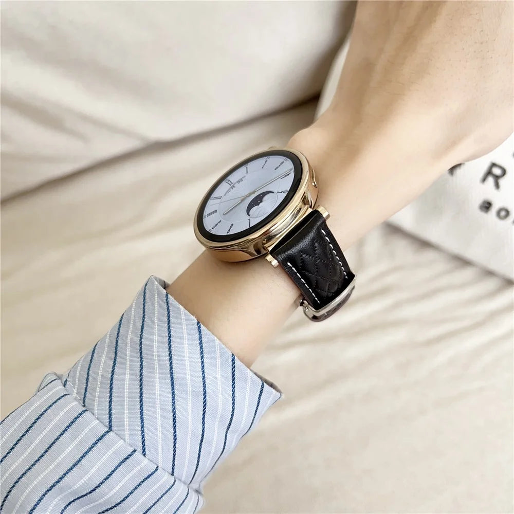 18mm Watch Band For Huawei Watch GT 5 Pro 42mm / GT 5 41mm / GT 4 41mm / Garmin Venu 3S , Genuine Cow Leather Diamond Pattern Strap - Black - 5