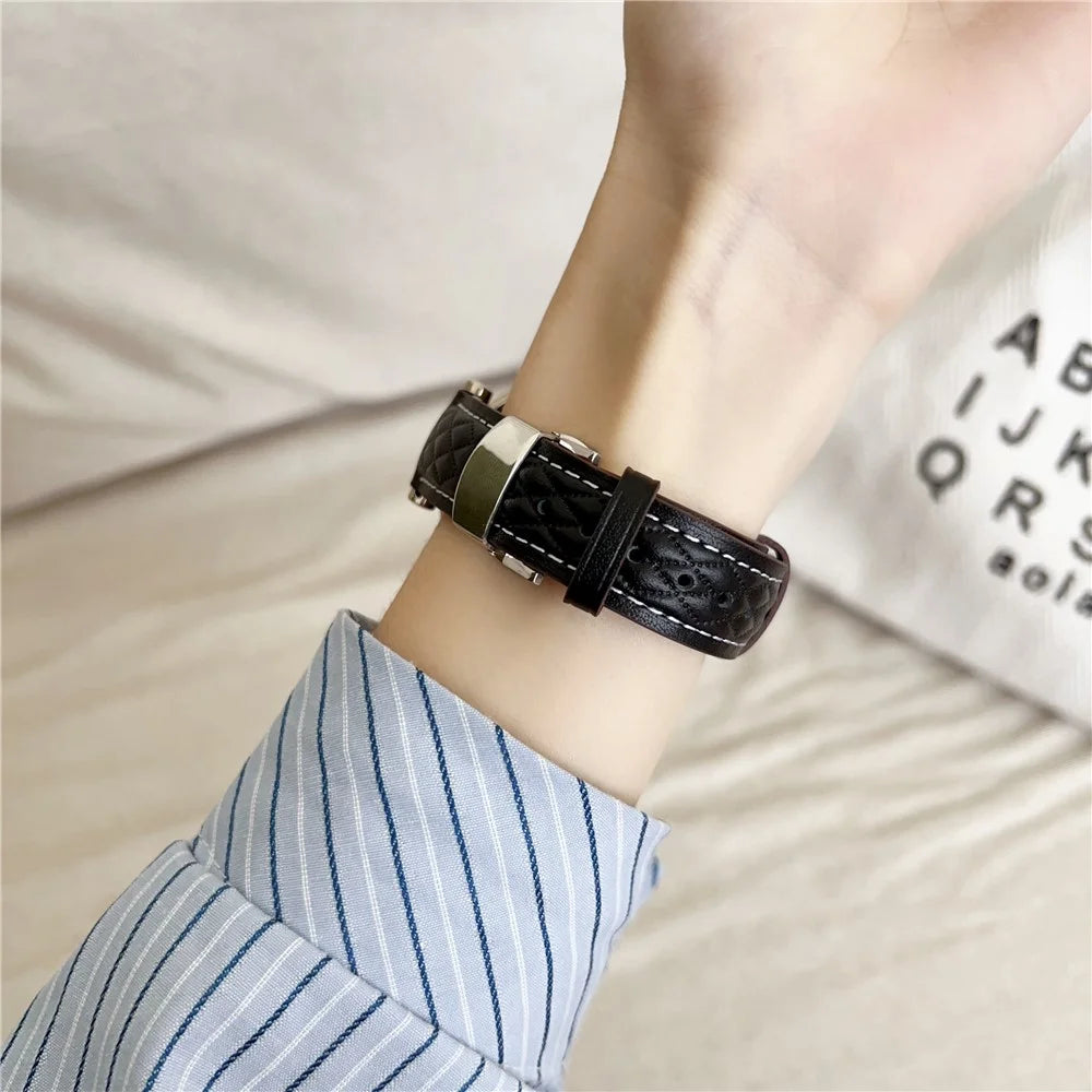 18mm Watch Band For Huawei Watch GT 5 Pro 42mm / GT 5 41mm / GT 4 41mm / Garmin Venu 3S , Genuine Cow Leather Diamond Pattern Strap - Black - 6