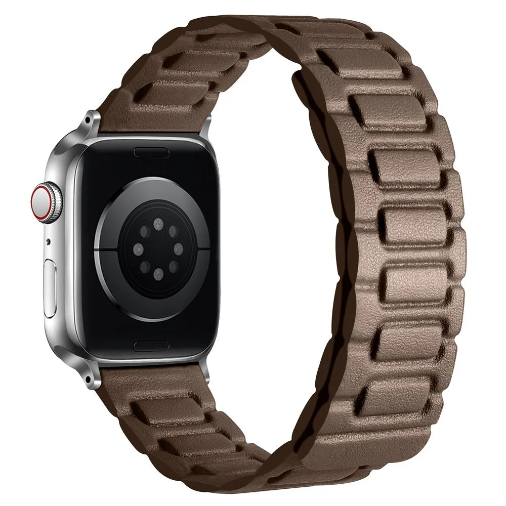 Watch Band For Apple Watch Ultra 3 2 1 49mm / Series 11 10 46mm / 9 8 7 45mm / SE3 SE2 SE 6 5 4 44mm / 3 2 1 42mm 3-Bead Magnetic Leather Strap - Dark Brown - 1