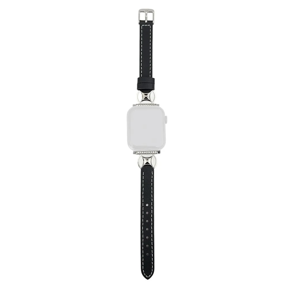 Watch Band For Apple Watch Series 11 10 42mm / 9 8 7 41mm / SE3 SE2 SE 6 5 4 40mm / 3 2 1 38mm Coin Shape Connector Genuine Cow Leather Strap - Black - 1