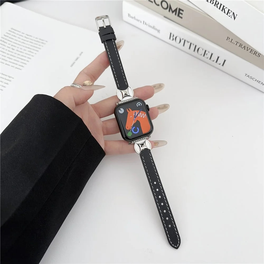 Watch Band For Apple Watch Series 11 10 42mm / 9 8 7 41mm / SE3 SE2 SE 6 5 4 40mm / 3 2 1 38mm Coin Shape Connector Genuine Cow Leather Strap - Black - 2