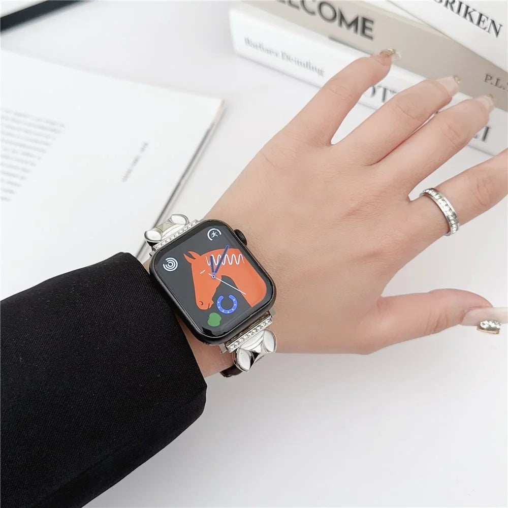 Watch Band For Apple Watch Series 11 10 42mm / 9 8 7 41mm / SE3 SE2 SE 6 5 4 40mm / 3 2 1 38mm Coin Shape Connector Genuine Cow Leather Strap - Black - 3