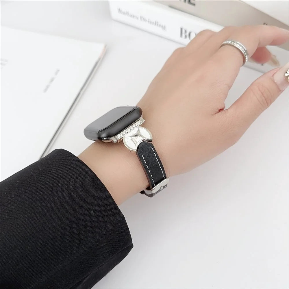 Watch Band For Apple Watch Series 11 10 42mm / 9 8 7 41mm / SE3 SE2 SE 6 5 4 40mm / 3 2 1 38mm Coin Shape Connector Genuine Cow Leather Strap - Black - 4