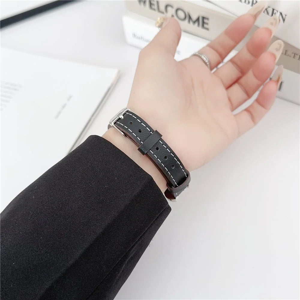 Watch Band For Apple Watch Series 11 10 42mm / 9 8 7 41mm / SE3 SE2 SE 6 5 4 40mm / 3 2 1 38mm Coin Shape Connector Genuine Cow Leather Strap - Black - 5