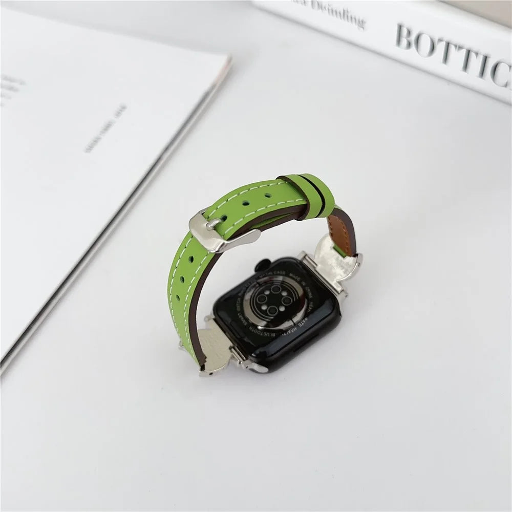 Watch Band For Apple Watch Series 11 10 42mm / 9 8 7 41mm / SE3 SE2 SE 6 5 4 40mm / 3 2 1 38mm Coin Shape Connector Genuine Cow Leather Strap - Black - 6
