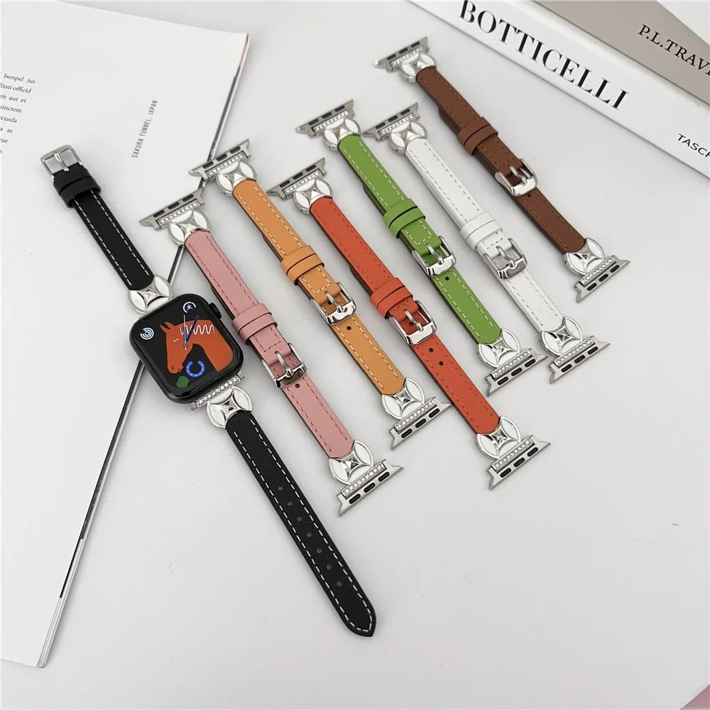 Watch Band For Apple Watch Series 11 10 42mm / 9 8 7 41mm / SE3 SE2 SE 6 5 4 40mm / 3 2 1 38mm Coin Shape Connector Genuine Cow Leather Strap - Black - 7