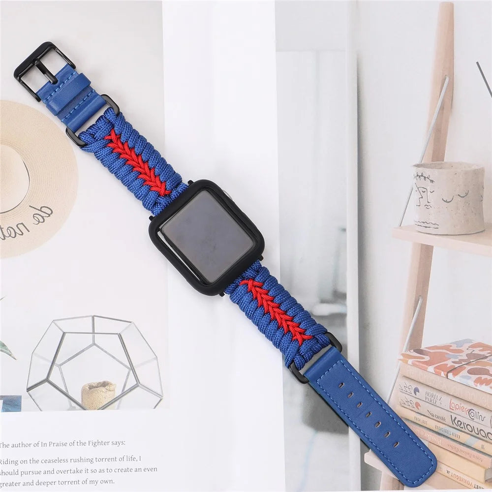 Watch Band for Apple Watch Ultra 3 2 1 49mm / Series 11 10 46mm / 9 8 7 45mm / SE3 SE2 SE 6 5 4 44mm / 3 2 1 42mm Leather + Braided Rope Wrist Strap - Blue - 2