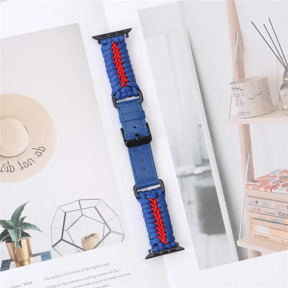 Watch Band for Apple Watch Ultra 3 2 1 49mm / Series 11 10 46mm / 9 8 7 45mm / SE3 SE2 SE 6 5 4 44mm / 3 2 1 42mm Leather + Braided Rope Wrist Strap - Blue - 3