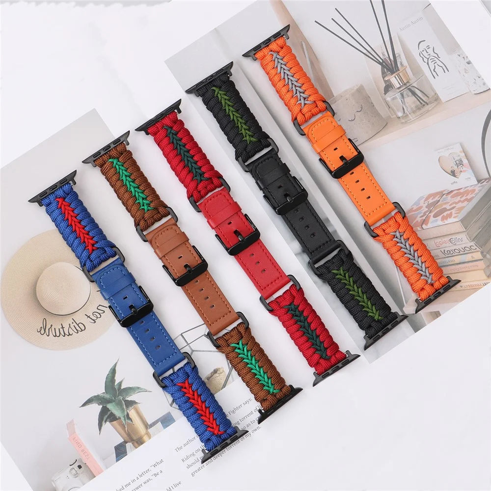 Watch Band for Apple Watch Ultra 3 2 1 49mm / Series 11 10 46mm / 9 8 7 45mm / SE3 SE2 SE 6 5 4 44mm / 3 2 1 42mm Leather + Braided Rope Wrist Strap - Blue - 6