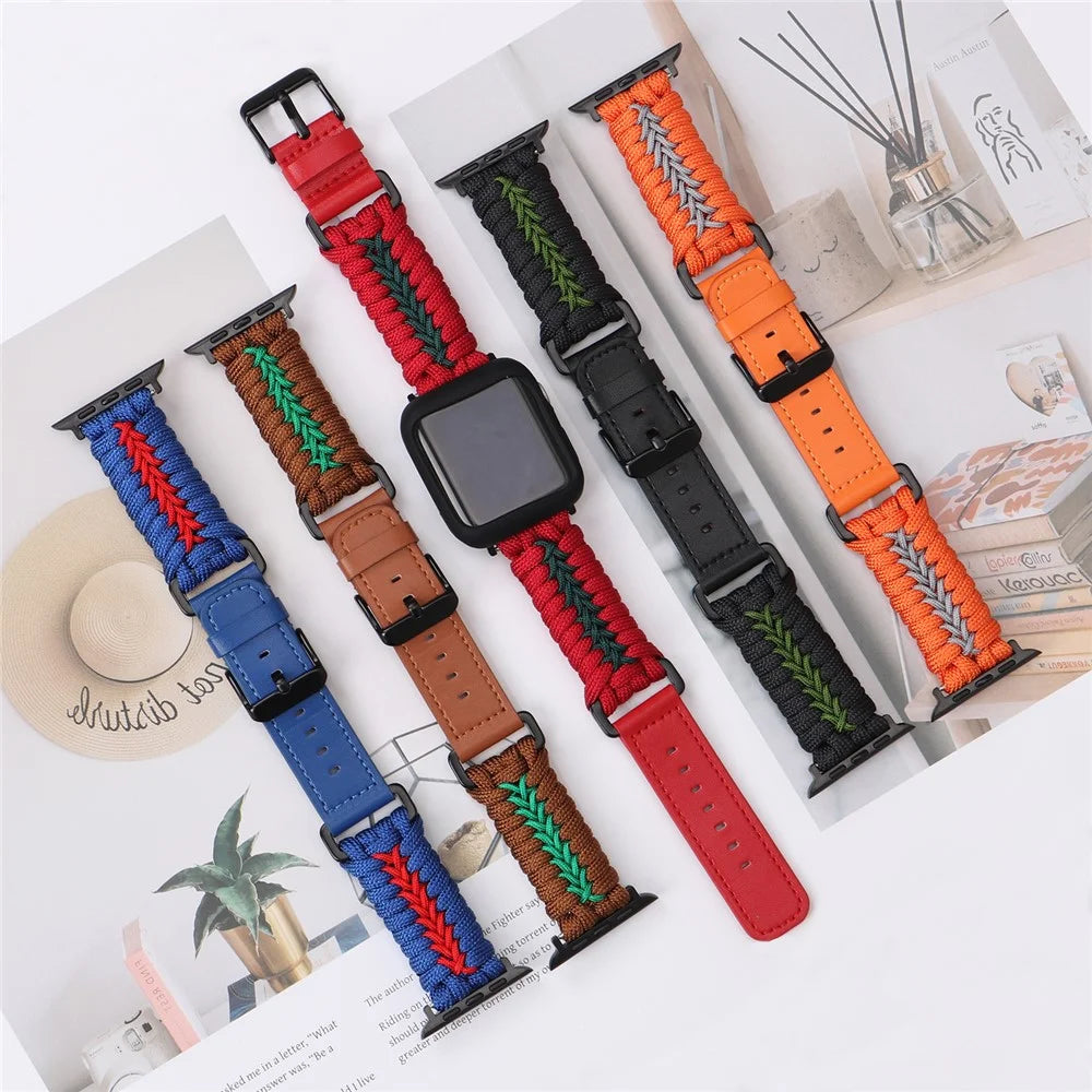 Watch Band for Apple Watch Ultra 3 2 1 49mm / Series 11 10 46mm / 9 8 7 45mm / SE3 SE2 SE 6 5 4 44mm / 3 2 1 42mm Leather + Braided Rope Wrist Strap - Blue - 7