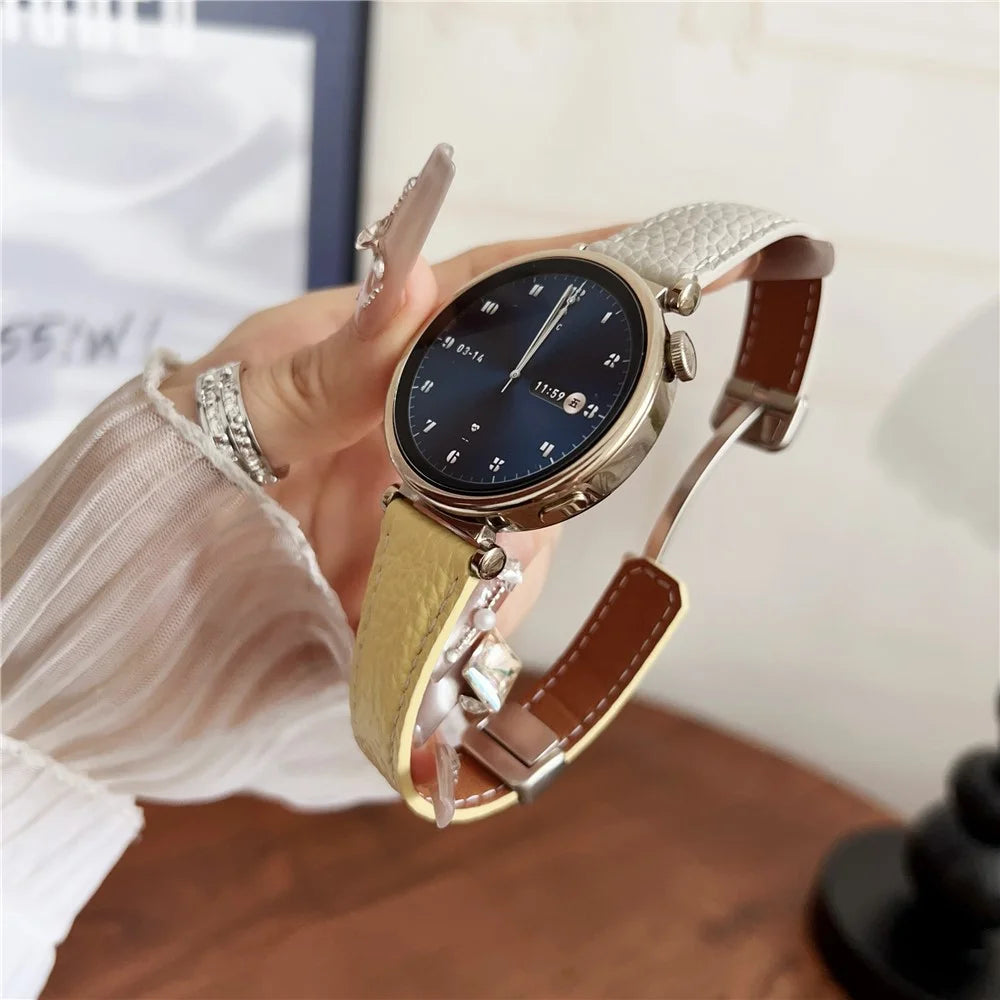 For Huawei Watch GT 5 41mm Genuine Cow Leather Watch Band 18mm Replace Strap with Magnetic Clasp - Grey+Yellow - 2