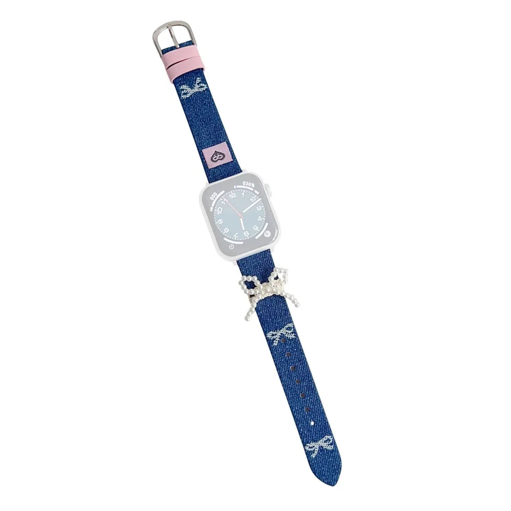 Wrist Strap for Apple Watch Series 11 10 42mm / 9 8 7 41mm / SE3 SE2 SE 6 5 4 40mm / 3 2 1 38mm Pearl Bowknot Denim Leather Watch Band - Bowknot - 1