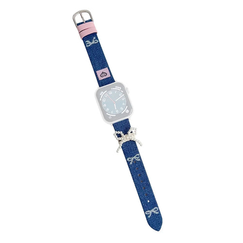 Wrist Strap for Apple Watch Series 11 10 42mm / 9 8 7 41mm / SE3 SE2 SE 6 5 4 40mm / 3 2 1 38mm Pearl Bowknot Denim Leather Watch Band - Bowknot - 1