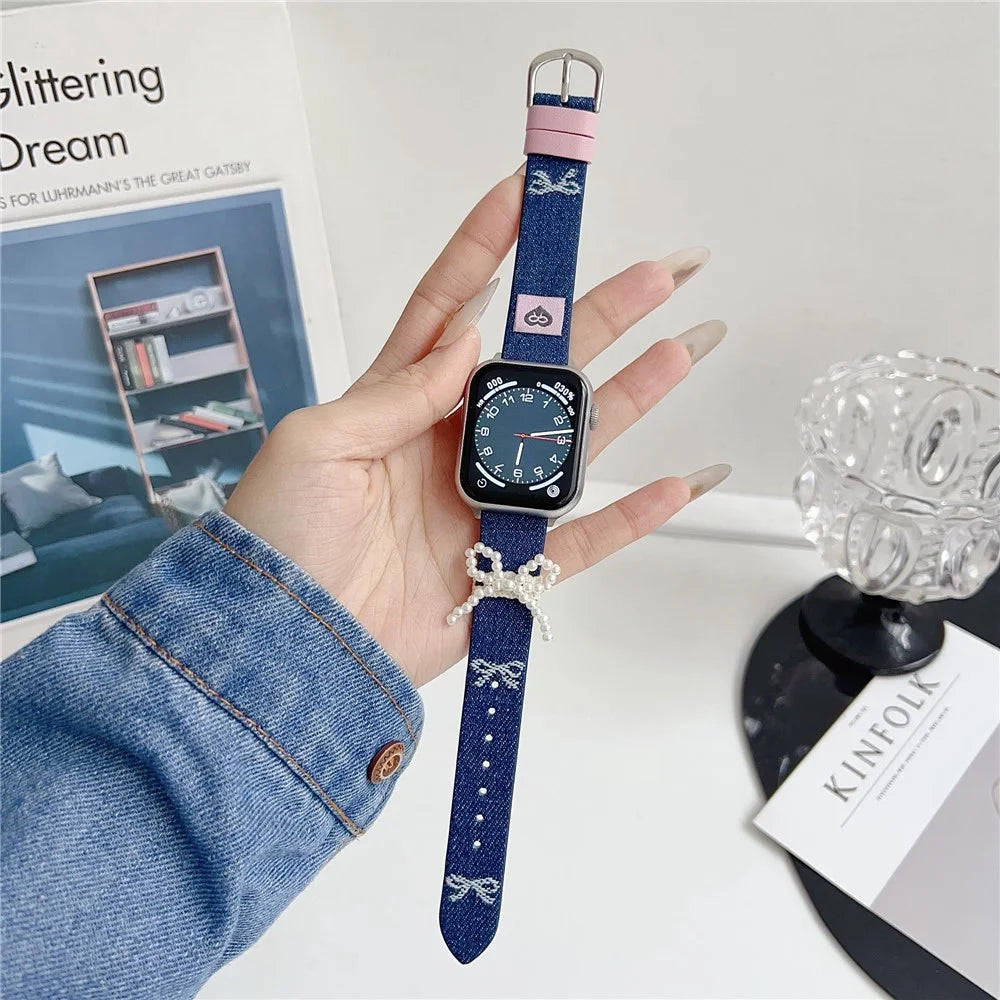 Wrist Strap for Apple Watch Series 11 10 42mm / 9 8 7 41mm / SE3 SE2 SE 6 5 4 40mm / 3 2 1 38mm Pearl Bowknot Denim Leather Watch Band - Bowknot - 3