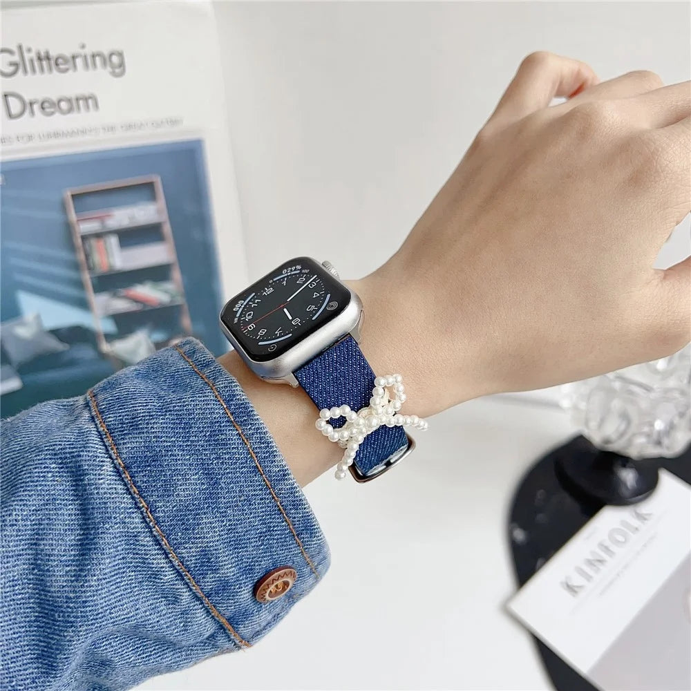 Wrist Strap for Apple Watch Series 11 10 42mm / 9 8 7 41mm / SE3 SE2 SE 6 5 4 40mm / 3 2 1 38mm Pearl Bowknot Denim Leather Watch Band - Bowknot - 4
