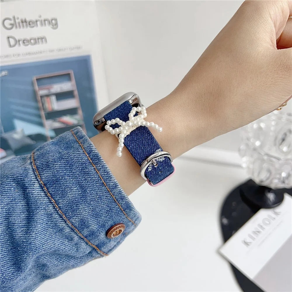 Wrist Strap for Apple Watch Series 11 10 42mm / 9 8 7 41mm / SE3 SE2 SE 6 5 4 40mm / 3 2 1 38mm Pearl Bowknot Denim Leather Watch Band - Bowknot - 5