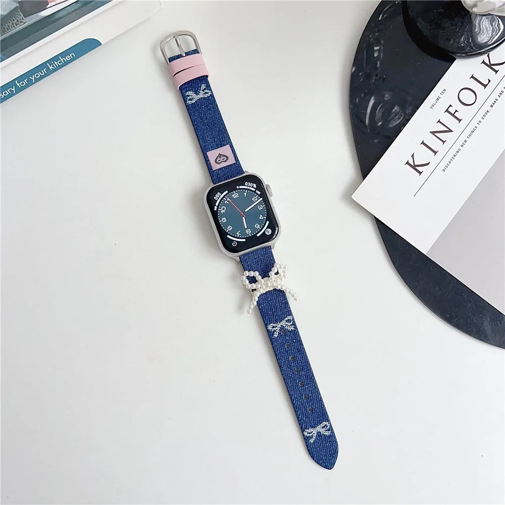 Wrist Strap for Apple Watch Ultra 3 2 1 49mm / Series 11 10 46mm / 9 8 7 45mm / SE3 SE2 SE 6 5 4 44mm / 3 2 1 42mm Pearl Bowknot Denim Leather Watch Band - Bowknot - 2